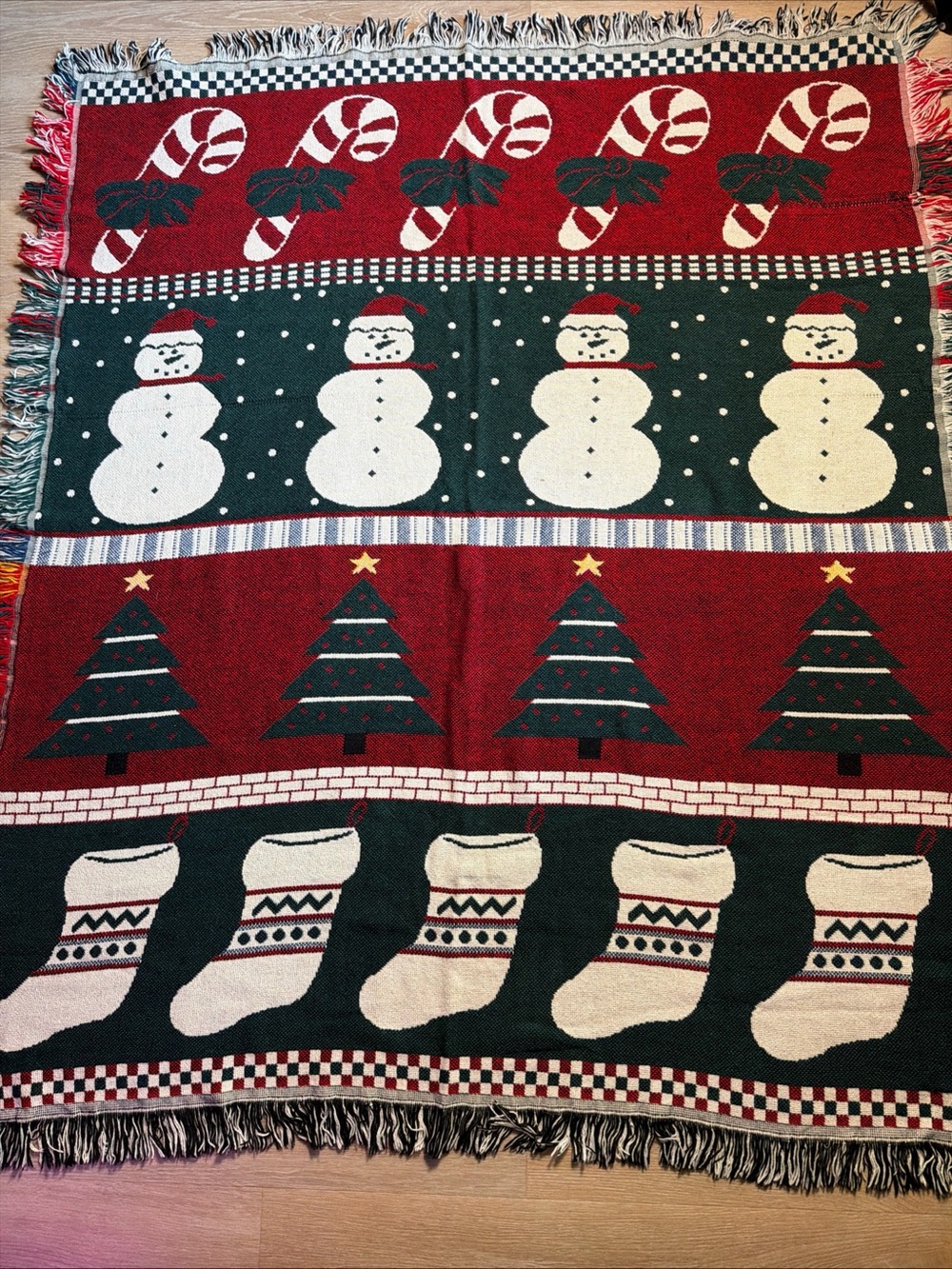 Vintage Crown Crafts Christmas Snowman Woven Tapestry Fringe Throw Blanket USA